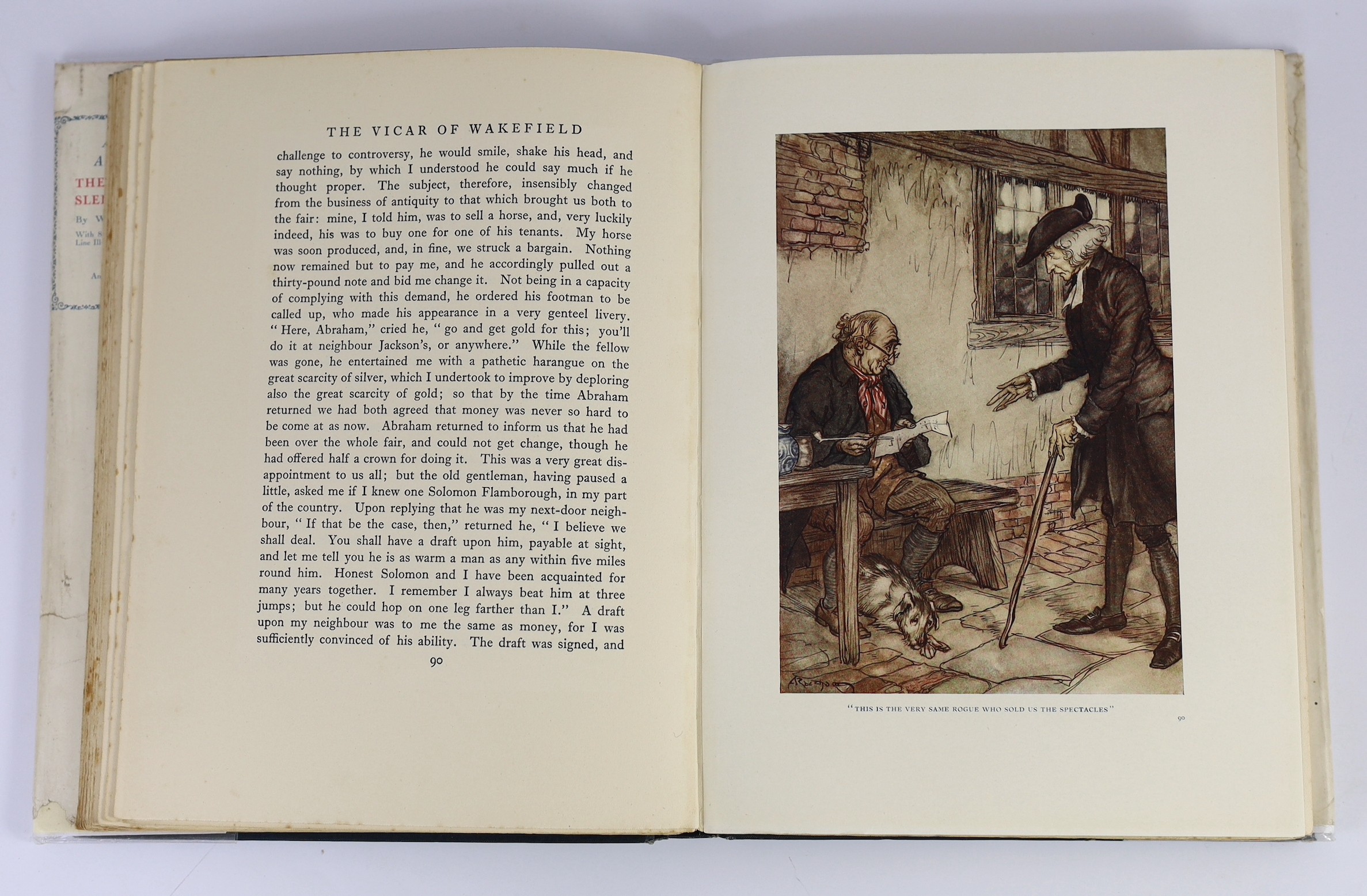 Goldsmith, Oliver - The Vicar of Wakefield, illustrated with 12 colour plates by Arthur Rackham, 4to, original cloth in d/j torn and with loss, school prize presentation inscription to half title, George G. Harrap & Co.,
